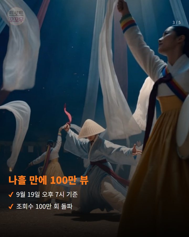 나흘 만에 100만 뷰 — 9월 19일 오후 7시 기준 조회수 100만 회 돌파 (임영웅 '모이세' MV, 공개 나흘 만에 100만 뷰 3번째 카드)
