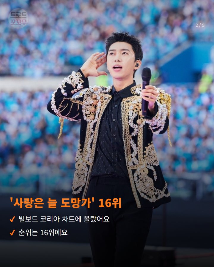 '사랑은 늘 도망가' 16위 — 빌보드 코리아 차트에 올랐어요 순위는 16위예요 (임영웅 '사랑은 늘 도망가', 빌보드서 16위로 올라서요 2번째 카드)