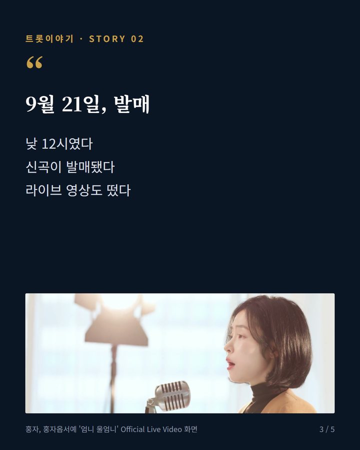 9월 21일, 발매 — 낮 12시였다 신곡이 발매됐다 라이브 영상도 떴다 (홍자, 신곡 '엄니 울엄니'에 담은 엄마를 향한 그리움 3번째 카드)