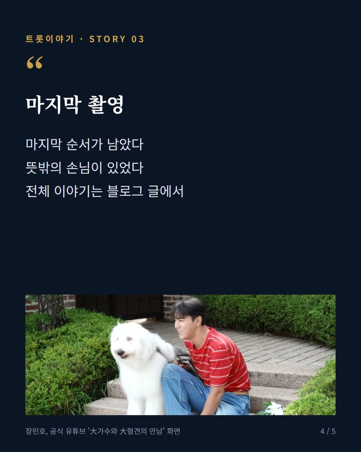 마지막 촬영 — 마지막 순서가 남았다 뜻밖의 손님이 있었다 전체 이야기는 블로그 글에서 (장민호, 앨범 재킷 촬영장에서 대형견 포비와 만났다 4번째 카드)