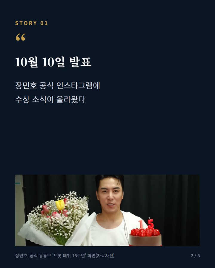 10월 10일 발표 — 장민호 공식 인스타그램에 수상 소식이 올라왔다 (장민호, 코리아드라마어워즈서 BEST OST상 수상 2번째 카드)