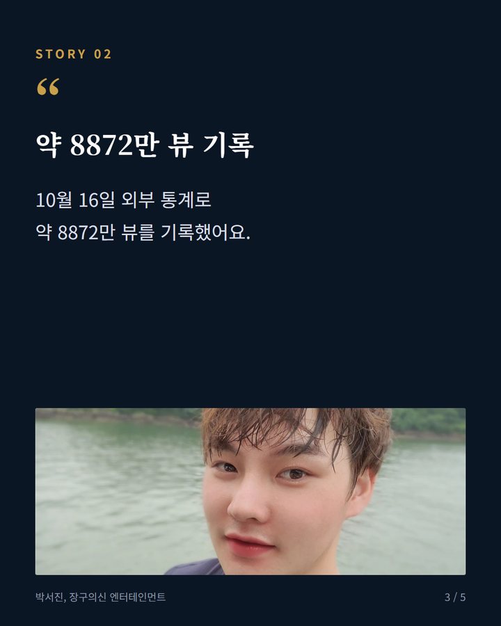 약 8872만 뷰 기록 — 10월 16일 외부 통계로 약 8872만 뷰를 기록했어요. (박서진 공식 유튜브 채널, 9000만 뷰 돌파 임박 3번째 카드)