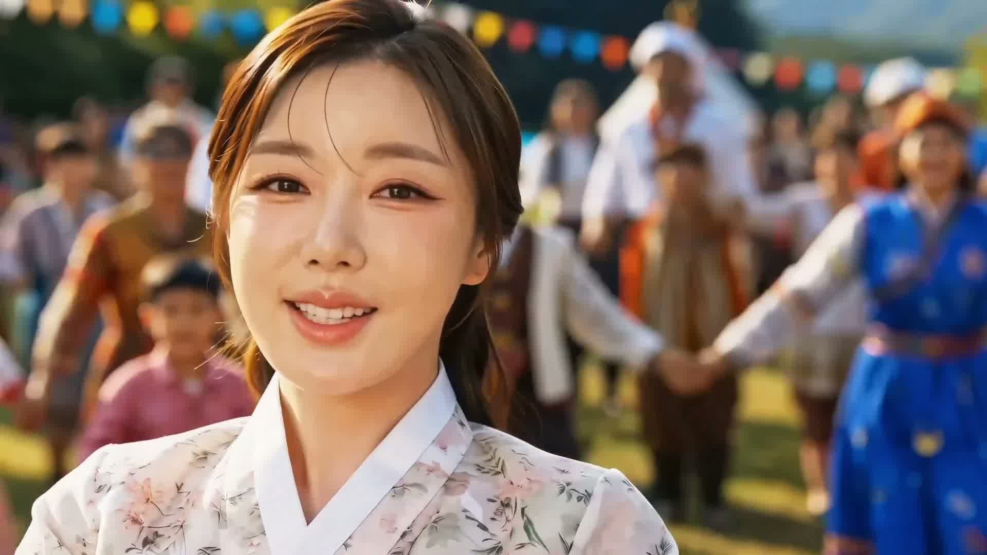 송가인이 한복을 입고 축제 현장에서 환하게 웃는 모습, 송가인 공식 유튜브 뮤직비디오 장면